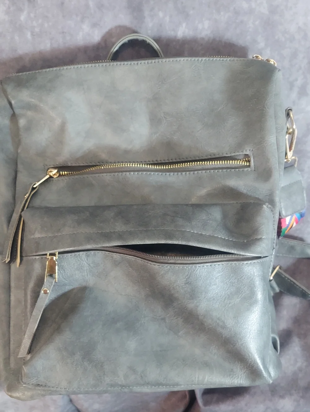 Premium Convertible Gray Faux Leather Backpack with Woven Boho Strap - EUC